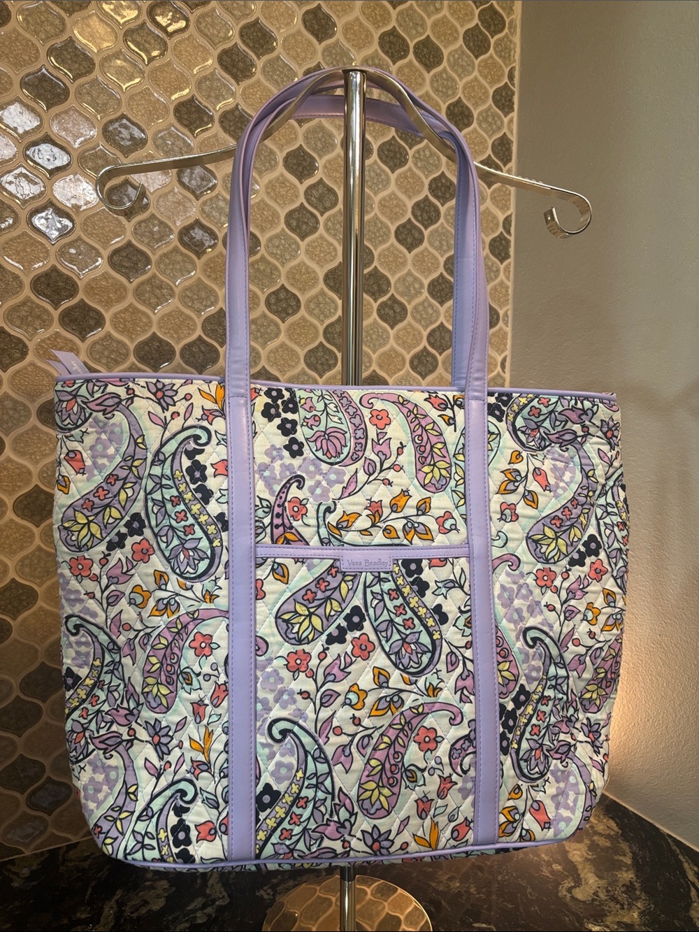 Vera Bradley Lavender Paisley Quilted Tote with Floral Accents